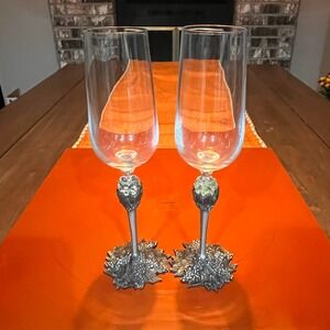 2 VTG Carmel Studios 1985 Baker Art Foundry Pewter Stem Grape Design Glassware